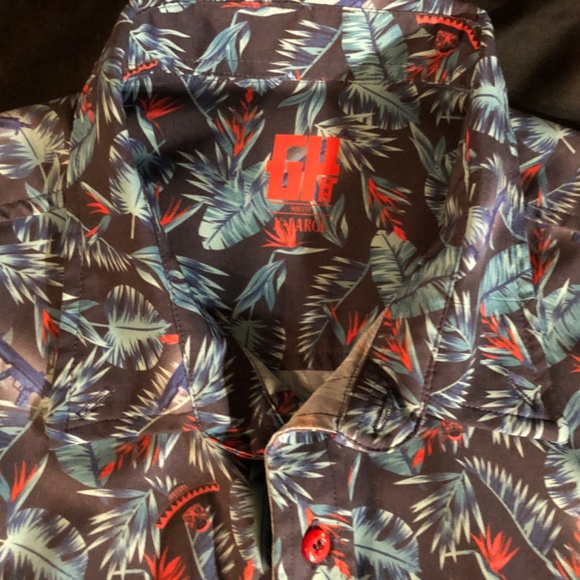 Greater Half GH Blue Golf Button Down Shirt Skulls Machine Guns Size XL - Picture 8 of 9